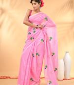Pink mulmul cotton saree with floral embroidery and tassel detailing