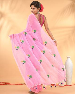 Pink mulmul cotton saree with floral embroidery and tassel detailing 3