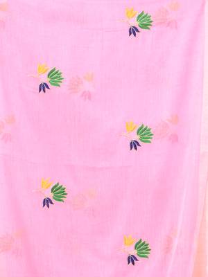 Pink mulmul cotton saree with floral embroidery and tassel detailing 4