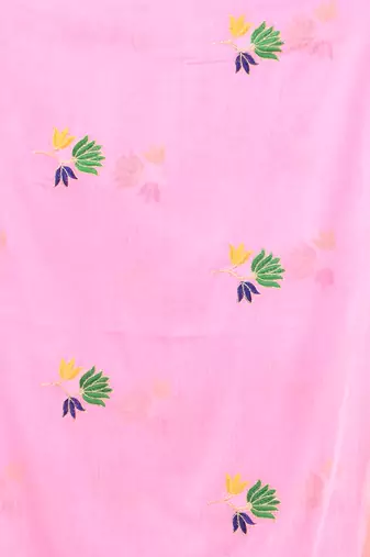 Pink mulmul cotton saree with floral embroidery and tassel detailing
