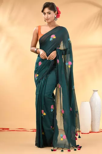 Teal mulmul cotton saree with floral embroidery and tassel detailing