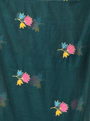 Teal mulmul cotton saree with floral embroidery and tassel detailing 4