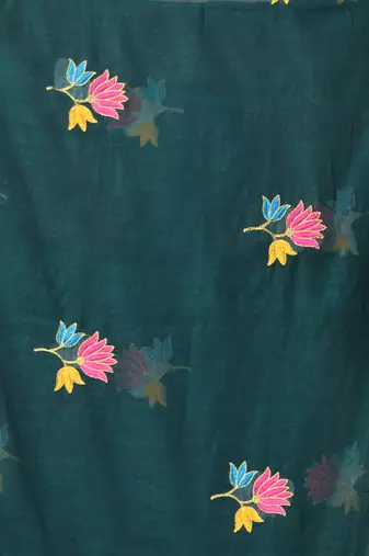 Teal mulmul cotton saree with floral embroidery and tassel detailing