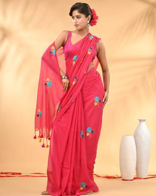 Rani pink mulmul cotton saree with floral embroidery and tassel detailing 1