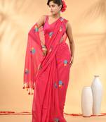 Rani pink mulmul cotton saree with floral embroidery and tassel detailing
