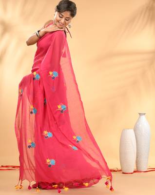 Rani pink mulmul cotton saree with floral embroidery and tassel detailing 2