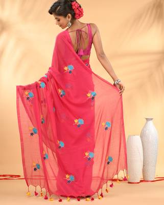 Rani pink mulmul cotton saree with floral embroidery and tassel detailing 3
