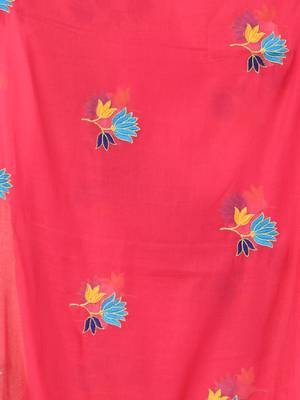 Rani pink mulmul cotton saree with floral embroidery and tassel detailing 4