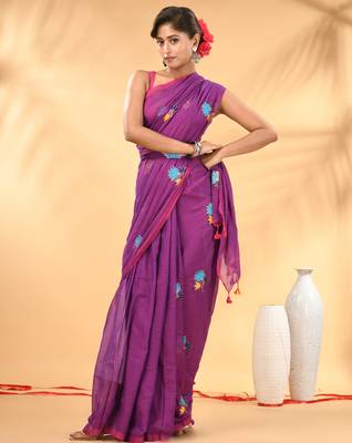 Purple mulmul cotton saree with floral embroidery and tassel detailing 1