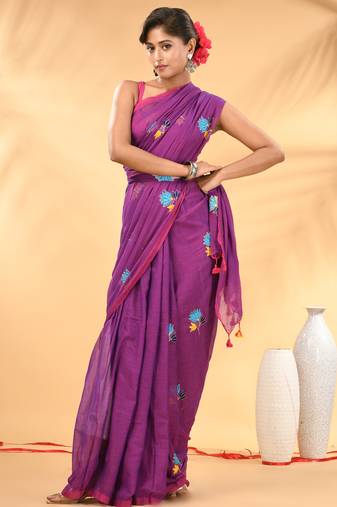Purple mulmul cotton saree with floral embroidery and tassel detailing