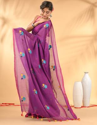 Purple mulmul cotton saree with floral embroidery and tassel detailing 2