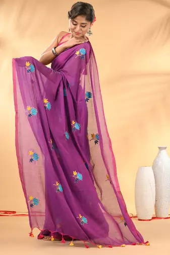 Purple mulmul cotton saree with floral embroidery and tassel detailing