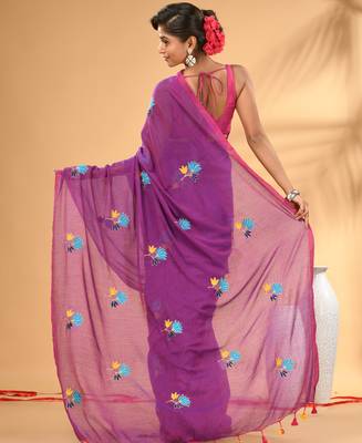 Purple mulmul cotton saree with floral embroidery and tassel detailing 3