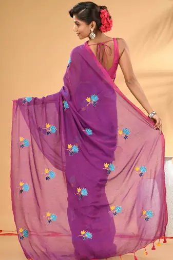 Purple mulmul cotton saree with floral embroidery and tassel detailing