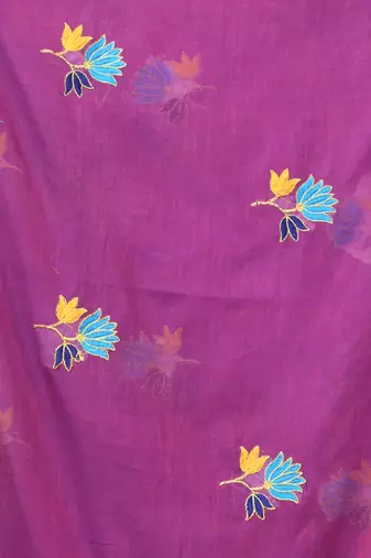 Purple mulmul cotton saree with floral embroidery and tassel detailing