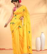 Yellow mulmul cotton saree with floral embroidery and tassel detailing
