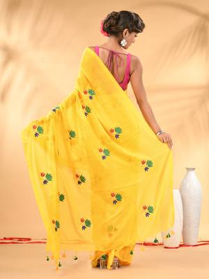Yellow mulmul cotton saree with floral embroidery and tassel detailing 3