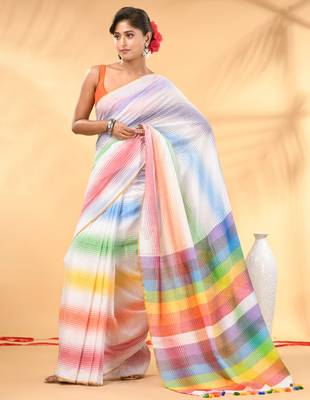Rainbow stripes white mulmul cotton saree with tassel border 1