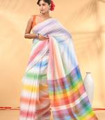 Rainbow stripes white mulmul cotton saree with tassel border