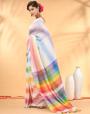 Rainbow stripes white mulmul cotton saree with tassel border 2
