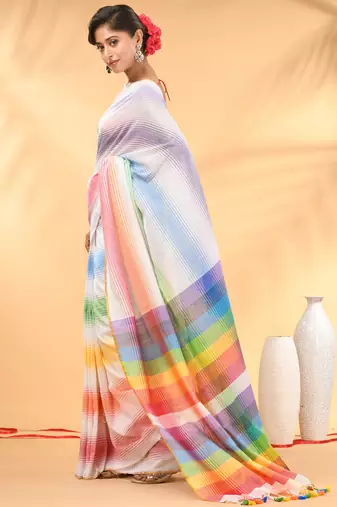 Rainbow stripes white mulmul cotton saree with tassel border