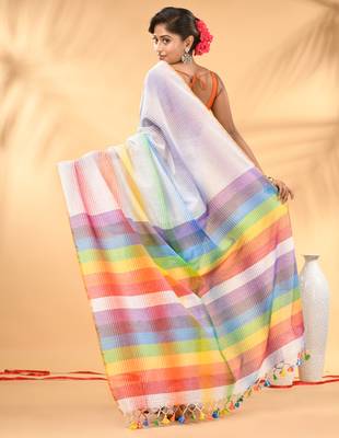 Rainbow stripes white mulmul cotton saree with tassel border 3