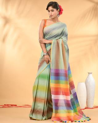 Rainbow stripes pistachio green mulmul cotton saree with tassel border 1