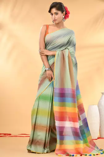 Rainbow stripes pistachio green mulmul cotton saree with tassel border
