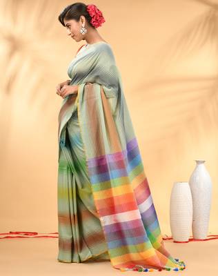 Rainbow stripes pistachio green mulmul cotton saree with tassel border 2