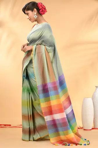 Rainbow stripes pistachio green mulmul cotton saree with tassel border