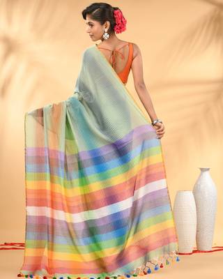 Rainbow stripes pistachio green mulmul cotton saree with tassel border 3