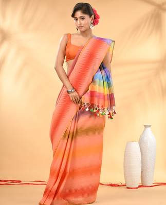 Rainbow stripes peach mulmul cotton saree with tassel border 1