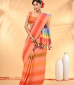 Rainbow stripes peach mulmul cotton saree with tassel border