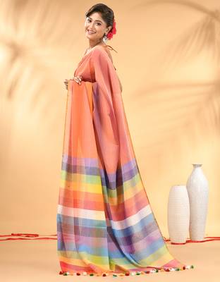 Rainbow stripes peach mulmul cotton saree with tassel border 2
