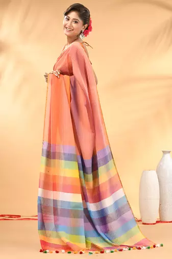 Rainbow stripes peach mulmul cotton saree with tassel border
