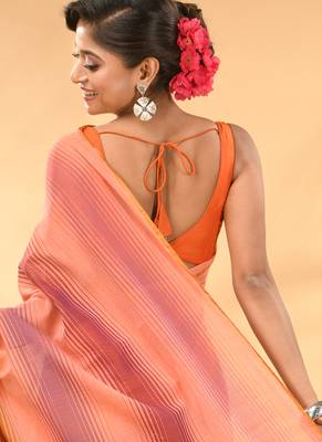 Rainbow stripes peach mulmul cotton saree with tassel border 3