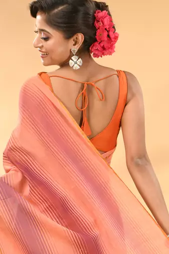 Rainbow stripes peach mulmul cotton saree with tassel border