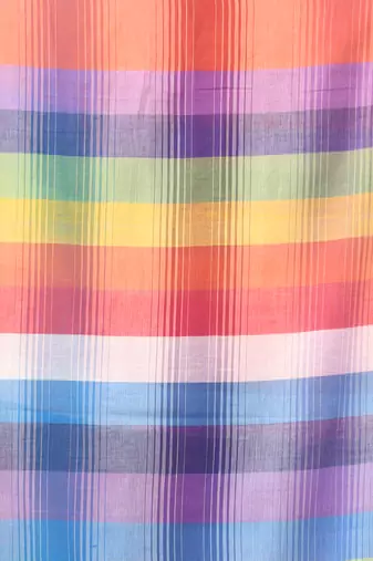 Rainbow stripes peach mulmul cotton saree with tassel border