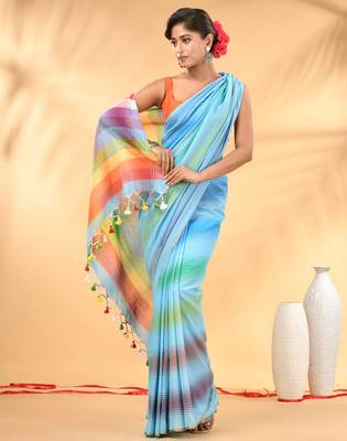 Rainbow stripes sky blue mulmul cotton saree with tassel border 1