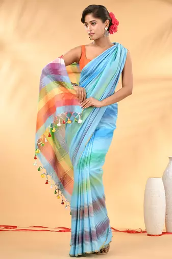 Rainbow stripes sky blue mulmul cotton saree with tassel border