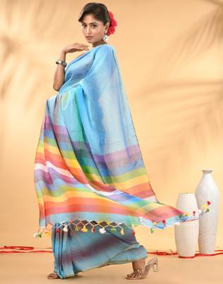 Rainbow stripes sky blue mulmul cotton saree with tassel border 2