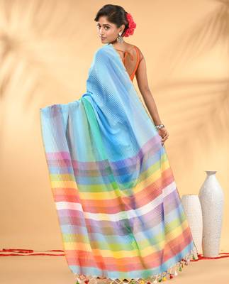 Rainbow stripes sky blue mulmul cotton saree with tassel border 3