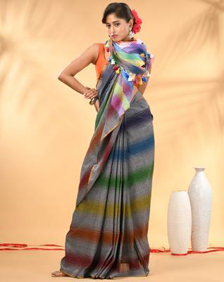 Rainbow stripes grey mulmul cotton saree with tassel border 1