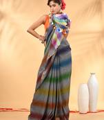 Rainbow stripes grey mulmul cotton saree with tassel border