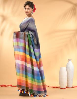 Rainbow stripes grey mulmul cotton saree with tassel border 2