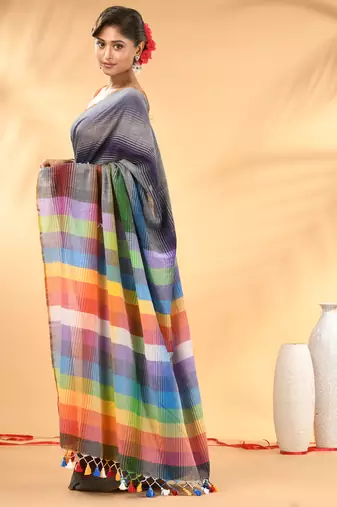 Rainbow stripes grey mulmul cotton saree with tassel border