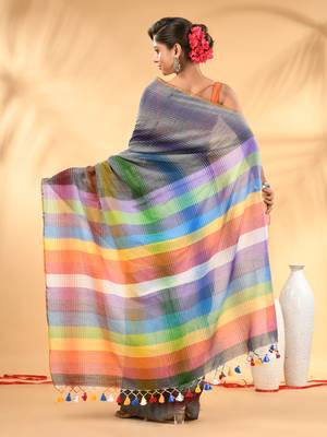 Rainbow stripes grey mulmul cotton saree with tassel border 3