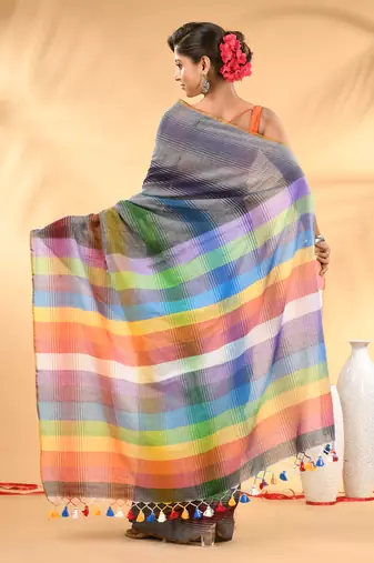 Rainbow stripes grey mulmul cotton saree with tassel border