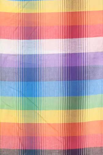 Rainbow stripes grey mulmul cotton saree with tassel border