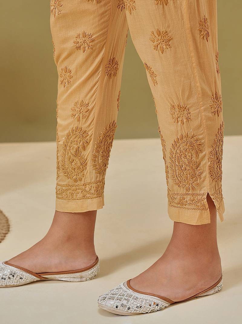Hand embroidered fawn cotton lucknowi chikankari palazzo